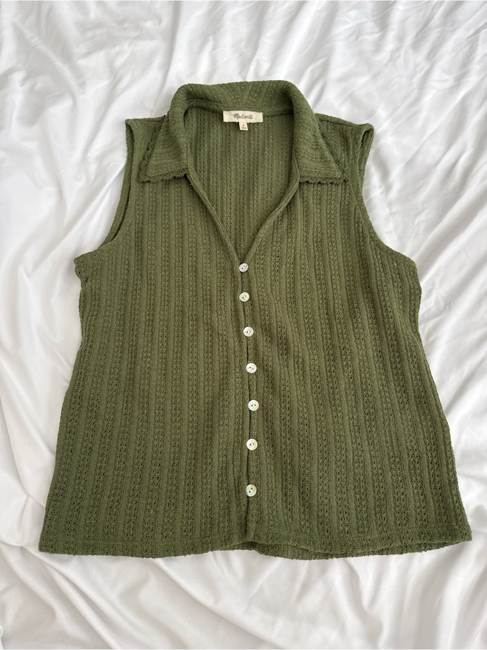 Madewell Olive Sleeveless Knit Button-Front Collared Top